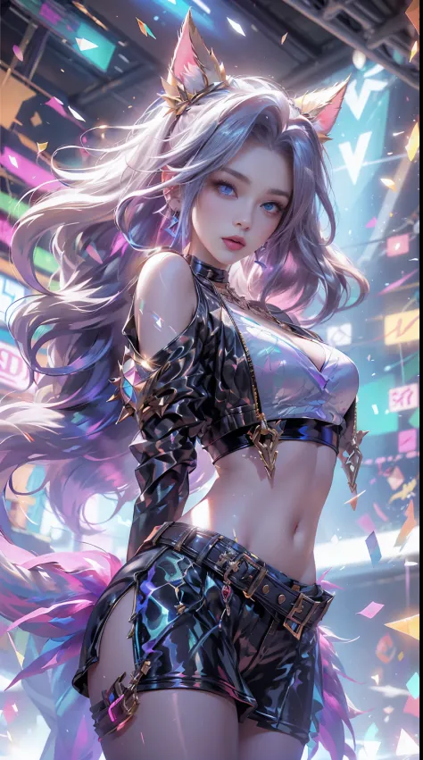 A sexy blue-eyed woman who looks like nidalee from League of legends and she has cleavage and she's biting her lip sexually, She's glowing in neon lights, Anna Dittmann, trending in the art station, rays of sunshine, ethereal, Her legs are thick and her li...