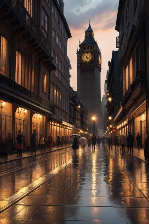 n the heart of london, big ben, the iconic clock tower, stands against the backdrop of a breathtaking sunset, under a light rain...