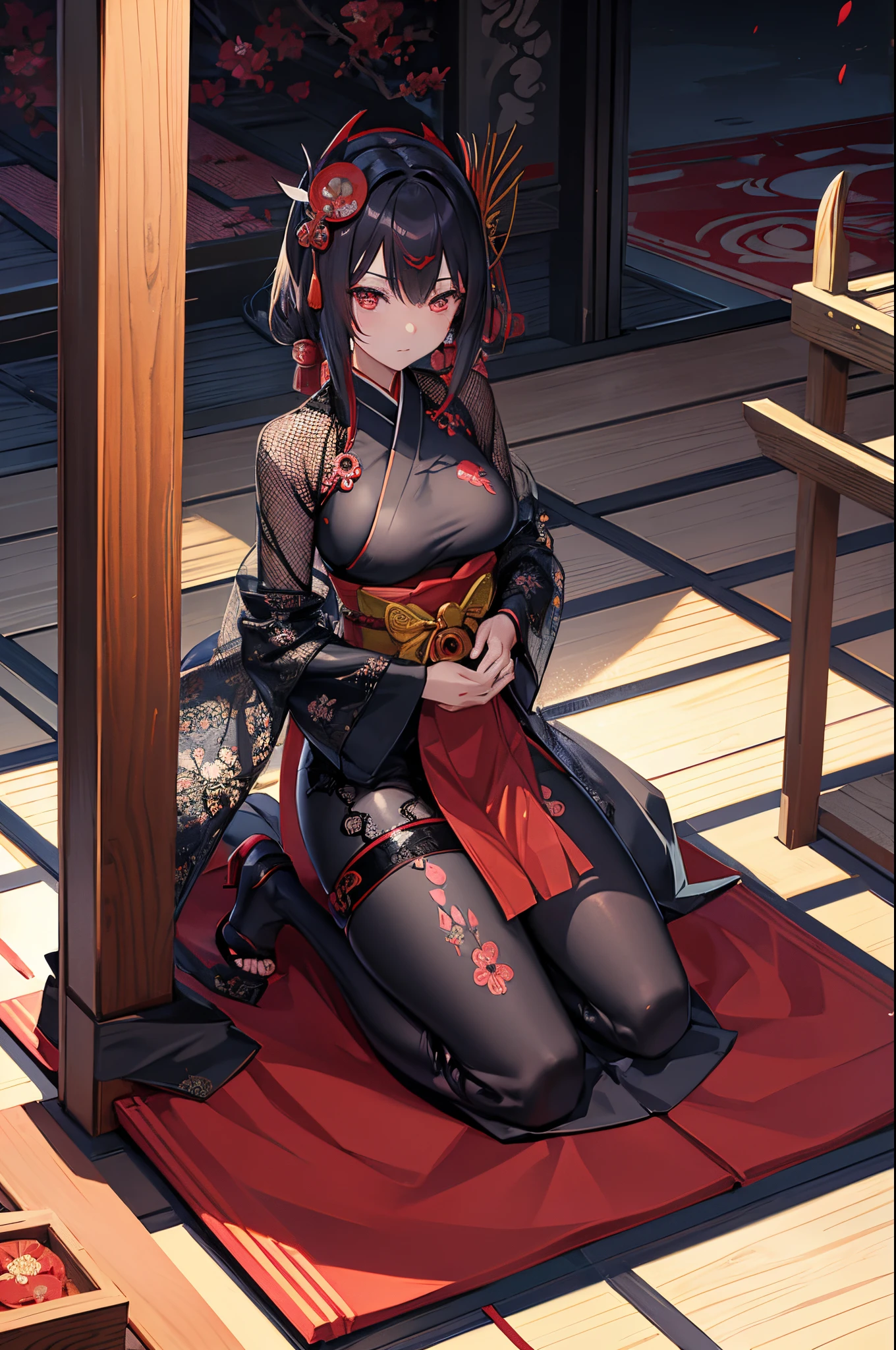 Anime style, 1 girl, Oiran style hair, Shinobu, ninja.
Semi-transparent, Ninja Suit, mesh, lace, Ninja mask.
Sexually alluring, sexy pose.
extremely long katana, sword, blade.
Blood on body, blood on face, wounded.
Kneeling, submissive, obedient.
Background is a Japanese style garden.