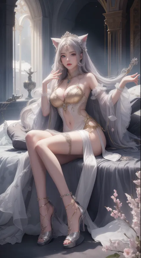 tmasterpiece，Highest image quality，Beautiful bust of the noble cat queen，cat ear，Cat tail delicate silver hairstyle，Clear golden eyes，A dazzling array of intricate jewelery adorns the chunky, Plush clothes。Plush clothing，Leather heels，Ultra-detailed detail...