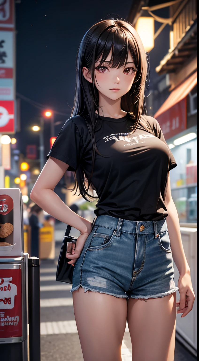 (masterpiece, Best Quality, ultra-detailed, high resolution, extremely detailed CG, official art, Professional Lighting, Perfect Anatomy, anime colors), (from below), looking at viewer, cowboy shot, perfect body, 24yo beautiful 1girl, Large breasts, black t-shirt, micro denim shorts, skindantation, bare legs, cap, nail_polish, pale skin, gleaming skin, black hair, long hair, side locks, Straight hair, pink eyes, expressionless, Waiting friend,
break (dark night:1.5), tokyo, (convenience store:1.3), outdoor, (depth of field:1.3),
break contrapposto, (Hold a coffee in your hand:1.3)