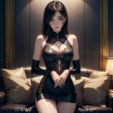((Raw photography,top-quality,hight resolution,Ray tracing,nffsw,Best Quality,Post-processing,portlate.3D,),(( dark black leather BDSM,Gorgeous gold embroidery on shiny dark black leather bondage,showy,tight skirts,))),Long black hair,Big breasts that emph...