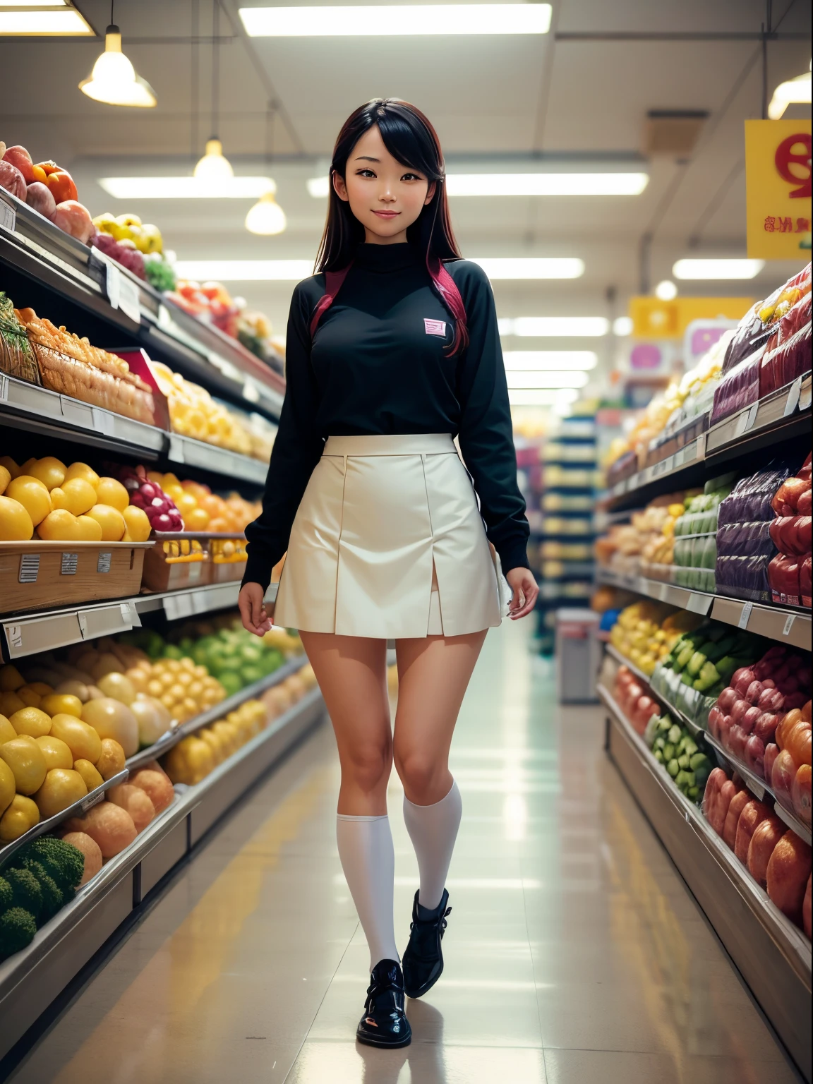 Arafed woman in a skirt and black top walking down a grocery aisle - SeaArt  AI