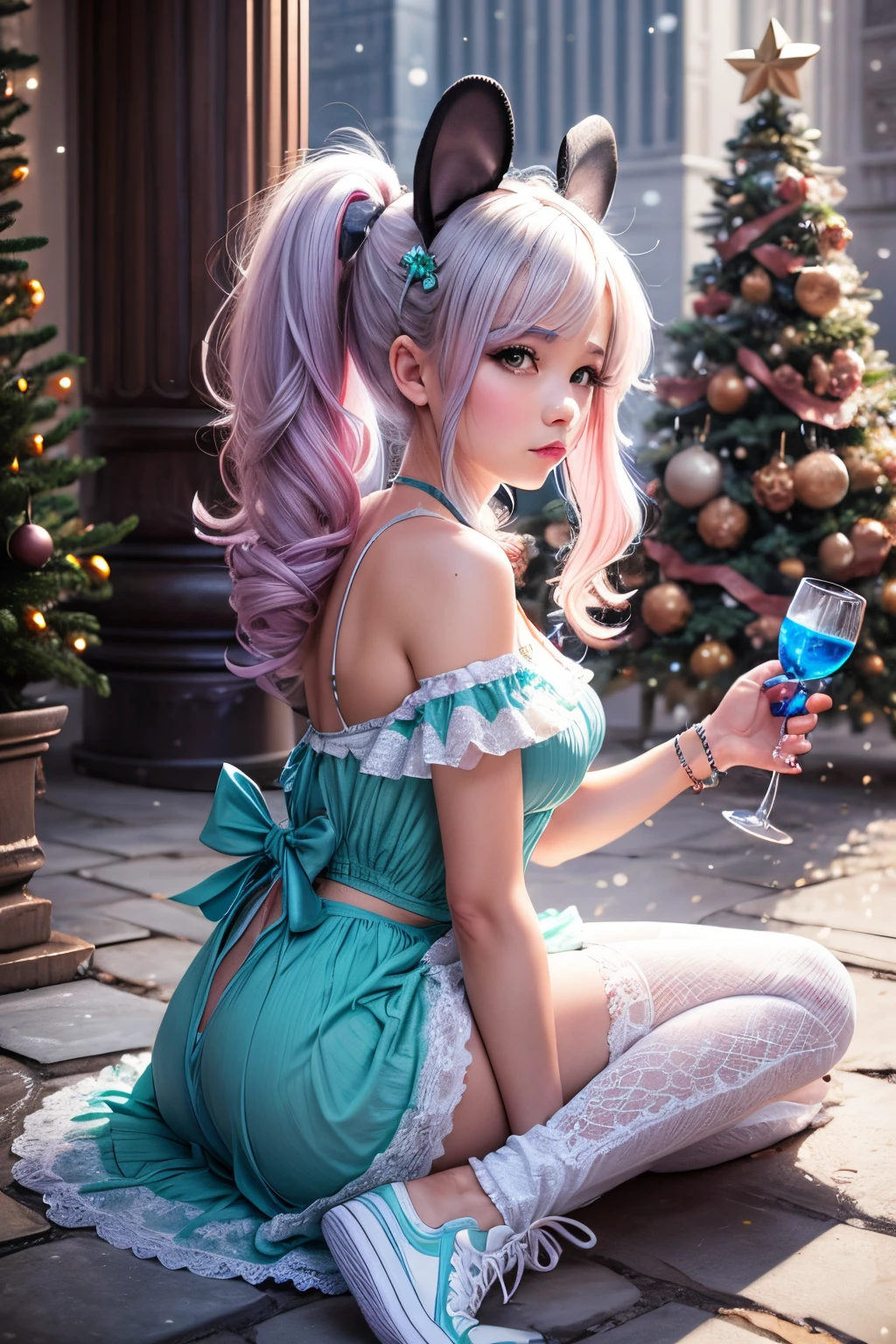 a woman, 1girl, , petite,  in a blue dress and white sneakers, christmas tree at the back,  sitting on the ground, disney inspired, cold as icecubes,  disney style, profile image, jessica nigri, lunar themed attire, cute rave outfit, profile pic, blue outfit, mouse ears, angie glocka,