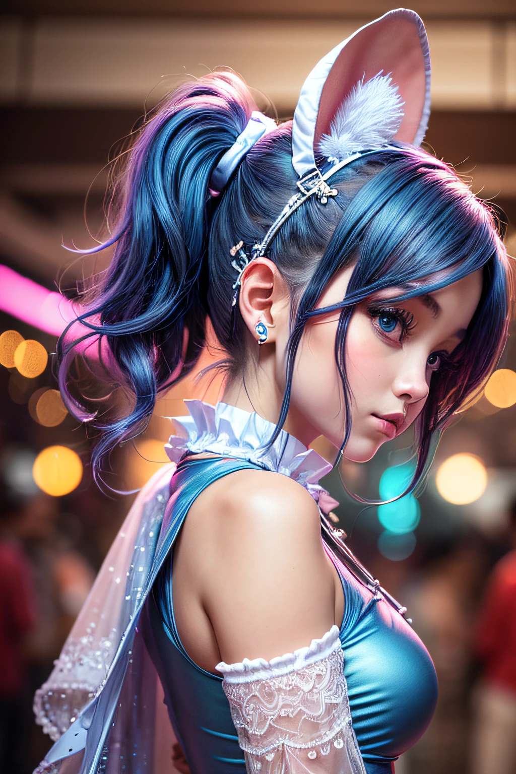 a woman, 1girl, , petite,  in a blue dress and white sneakers, christmas tree at the back,  disney inspired, cold as icecubes,  disney style, profile image, jessica nigri, lunar themed attire, cute rave outfit, profile pic, blue outfit, mouse ears, angie glocka,