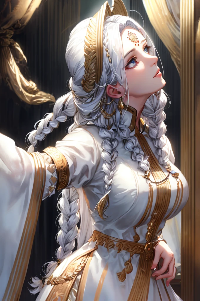 best quality, masterpiece,white hair, gold eyes,white clothes, looking up, upper body,hair strand,Fair skin,side braids