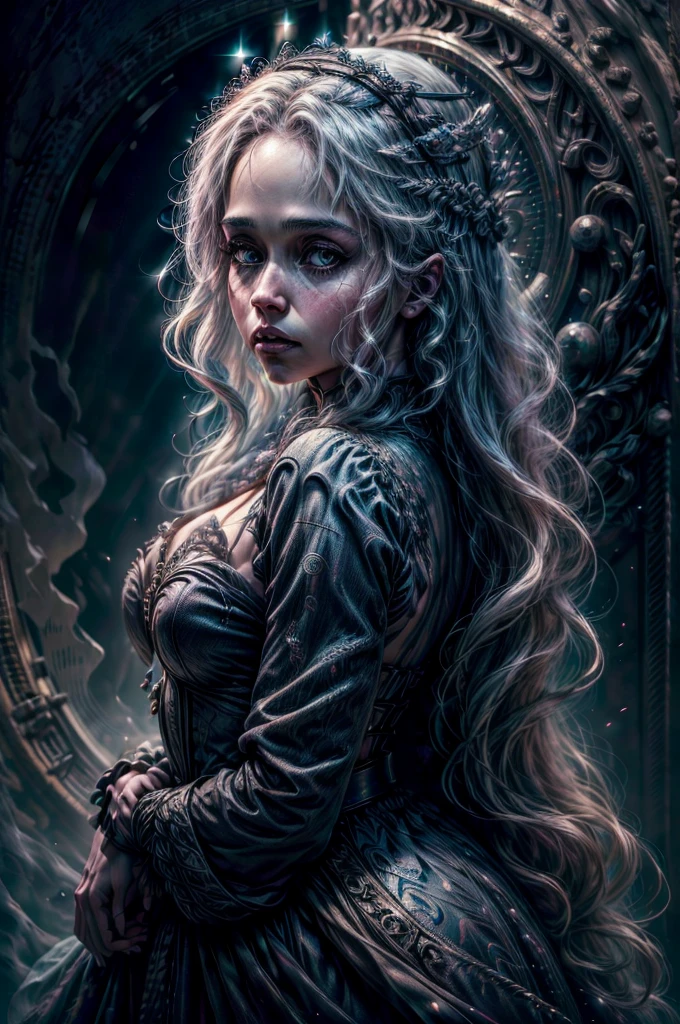 (melhor qualidade,4K,alta resolução,obra de arte:1.2),Ultra-detalhado,(realista,photorealista,photo-realista:1.37),Retrato de Daenerys Targaryen,lindos olhos detalhados,lindos lábios detalhados,olhos e rosto extremamente detalhados,cílios longos,linda mulher,expressão confiante,tons de pele suaves,cabelo loiro trançado elaborado caindo pelas costas,vestido azul fluido,olhos azuis claros,foco nitído,cores incrivelmente vibrantes,iluminação discreta,atmosfera misteriosa