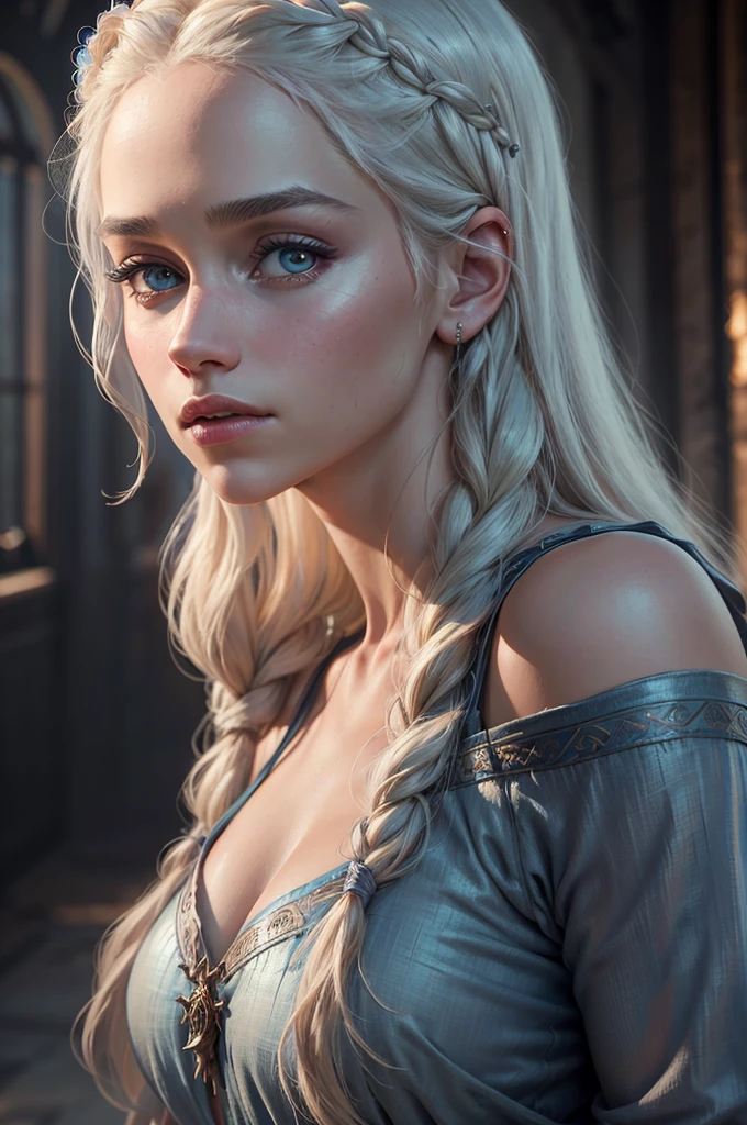 (Meilleure qualité,4k,haute résolution,chef-d&#39;œuvre:1.2),ultra-détaillé,(Réaliste,photoRéaliste,photo-Réaliste:1.37),Portrait de Daenerys Targaryen,Beaux yeux détaillés,belles lèvres détaillées,yeux et visage extrêmement détaillés,long cils,femme splendide,expression confiante,tons chair doux,des cheveux blonds tressés élaborés coulant le long de son dos,Robe bleue fluide,yeux bleu clair,netteté,des couleurs incroyablement vibrantes,éclairage discret,atmosphère mystérieuse