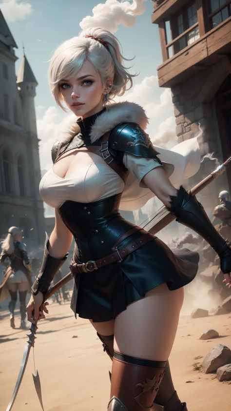 gwen tennyson,yorha 2b,tracer,rebecca chambers,overwatch,atelier ryza,close up,castle under siege,tattoos,orange and white plugsuit,steel short sleeve viking top,leather short sleeve valkyrie armor,steel tight skirt,white viking corset,ponytail hair,battle...