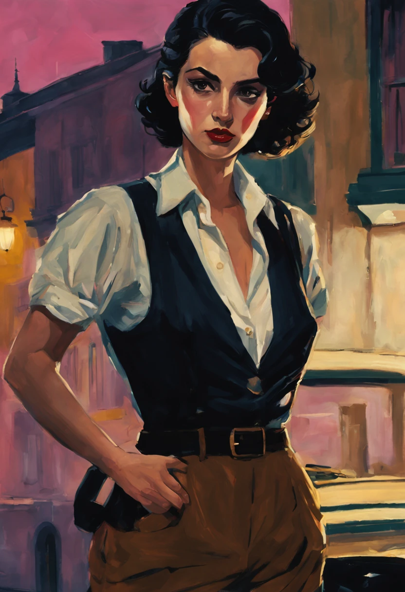 Pulp vibes, gouche and pastel textures , paint, masterwork, set in the 1940s. Depict a kinda of messy, side swept, black hair, modern beauty standards beautiful physically strong italian woman, hook nose, short-medium black hair, wearing a vest and tailored shirt with suspender. detective office at night background