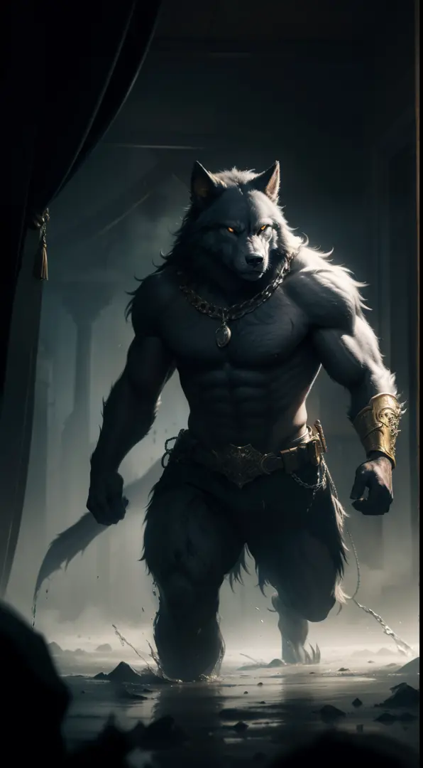 A stunning cinematic oil painting (1.1) depicting a regal werewolf guardian (0.8) emerging from a misty dark ink splash, surrounded by silver and golden paint splashes. The dynamic lighting adds a sense of mystery and power to the scene. Rendered in high r...