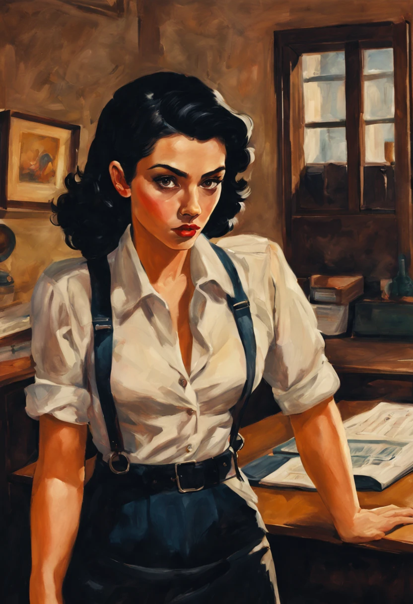 Pulp vibes, gouche and pastel textures , paint, realistic, masterwork, set in the 1940s. Depict a kinda of messy, side swept, black hair, modern beauty standards beautiful muscular italian woman, hook nose, short-medium black hair, wearing a vest and tailored shirt with suspender. detective office at night background