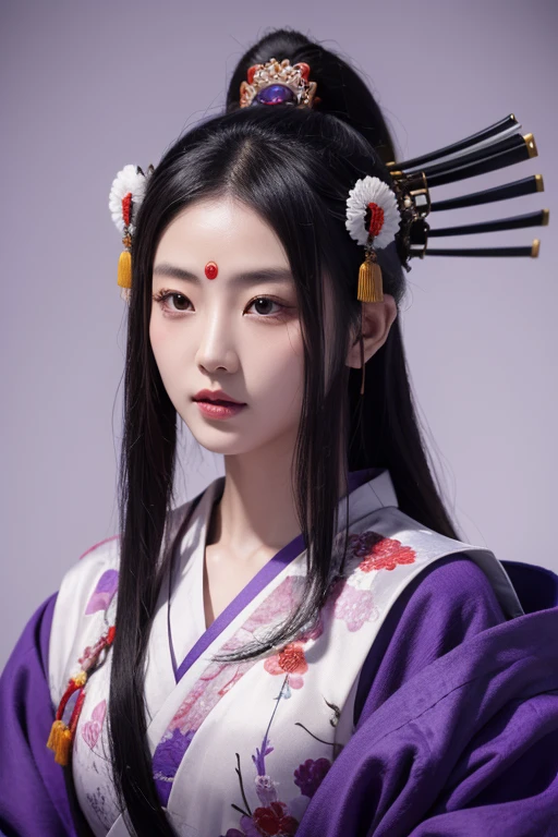 (A beautiful ancient Chinese woman), (Wearing a samurai mask), National style dress, Centered composition, Look at the audience, Face focus, beautiful, emotion, Bleeding purple and white, illustration, Abstract art, masterpiece, Best picture quality, Optimum quality, Ultra-high resolution, 8K, Extreme detail