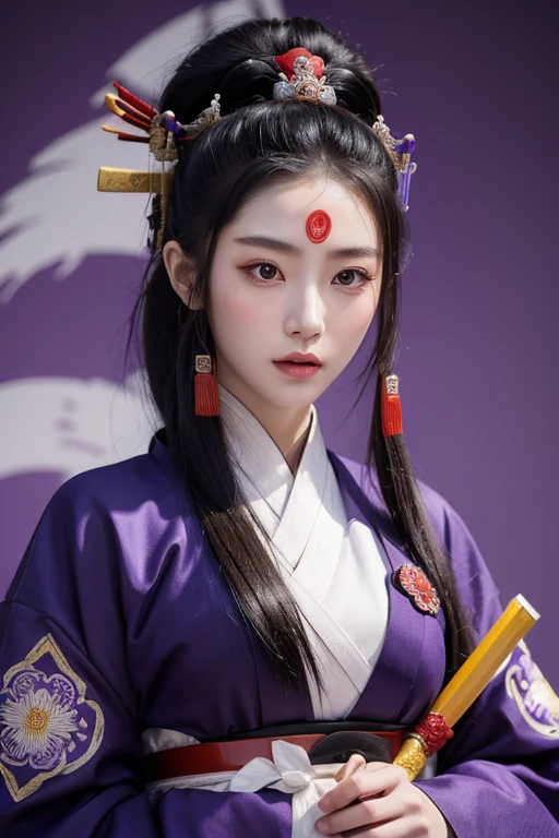 (A beautiful ancient Chinese woman), (Wearing a samurai mask), National style dress, Centered composition, Look at the audience, Face focus, beautiful, emotion, Bleeding purple and white, illustration, Abstract art, masterpiece, Best picture quality, Optimum quality, Ultra-high resolution, 8K, Extreme detail