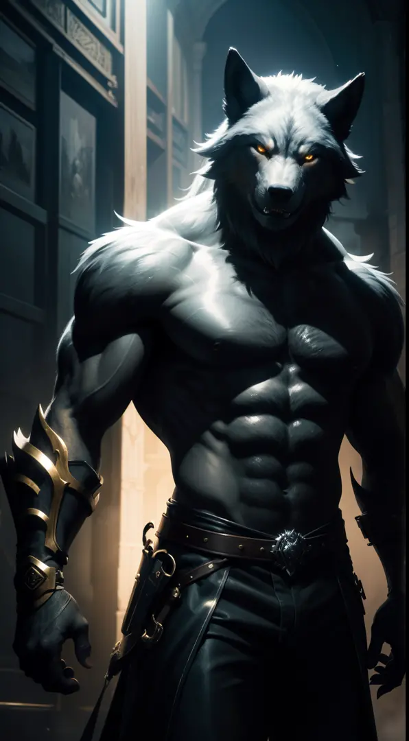 Step into a stunning cinematic oil painting (1.1) that captures the essence of a handsome werewolf guardian (0.8) descending from a big, misty dark ink splash. The silver and golden paint splashes add a touch of magic to the dynamic lighting, creating a me...