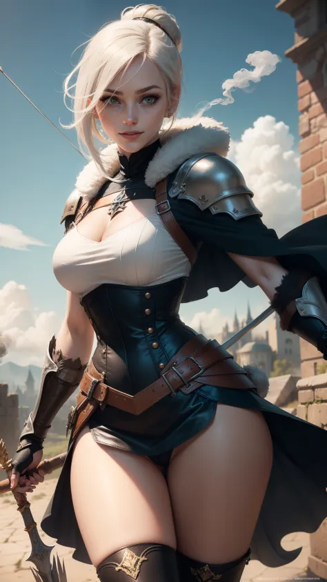 gwen tennyson,yorha 2b,tracer,rebecca chambers,overwatch,atelier ryza,close up,castle under siege,tattoos,orange and white plugsuit,steel short sleeve viking top,leather short sleeve knight armor,steel tight skirt,white knight corset,long ponytail hair,que...