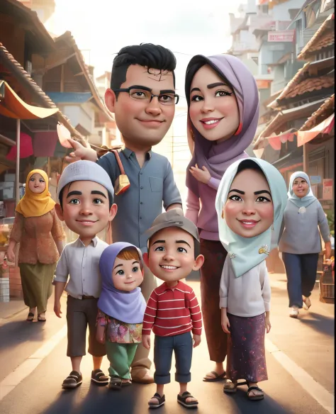 there are many people standing in a street with a picture of them, caricature illustration, full protrait, potrait, happy family...