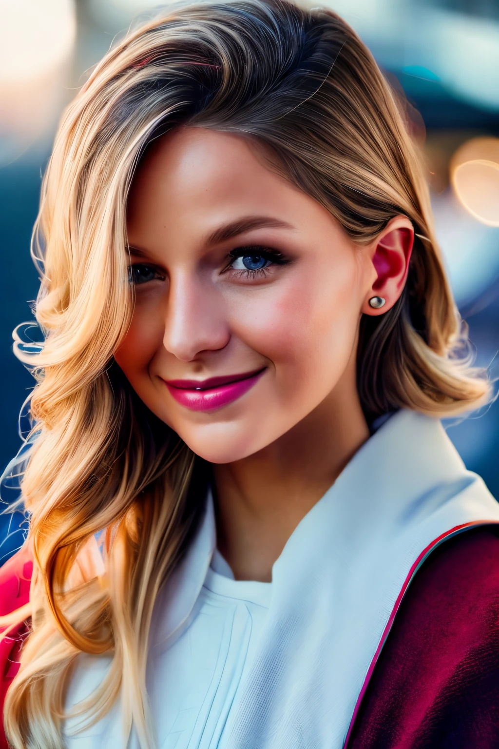 photo of beautiful (Melissa Benoist:0.99), a woman with perfect hair, hair upsweep updo, wearing (blue capelet:1.1),  ((VSCO Preppy:1.1)), (plain red background:1.1), modelshoot style, (extremely detailed CG unity 8k wallpaper), professional majestic photography, (smile), ((upper body)), (Canon EOS 5D Mark IV DSLR Camera), 24mm, exposure blend, hdr, faded, extremely intricate, High (Detail:1.1), Sharp focus, dramatic, soft cinematic light, (upper body), (looking at viewer), (detailed pupils), 4k textures, soft cinematic light, adobe lightroom, photolab, elegant, ((((cinematic look)))), soothing tones, insane details, hyperdetailed, low contrast