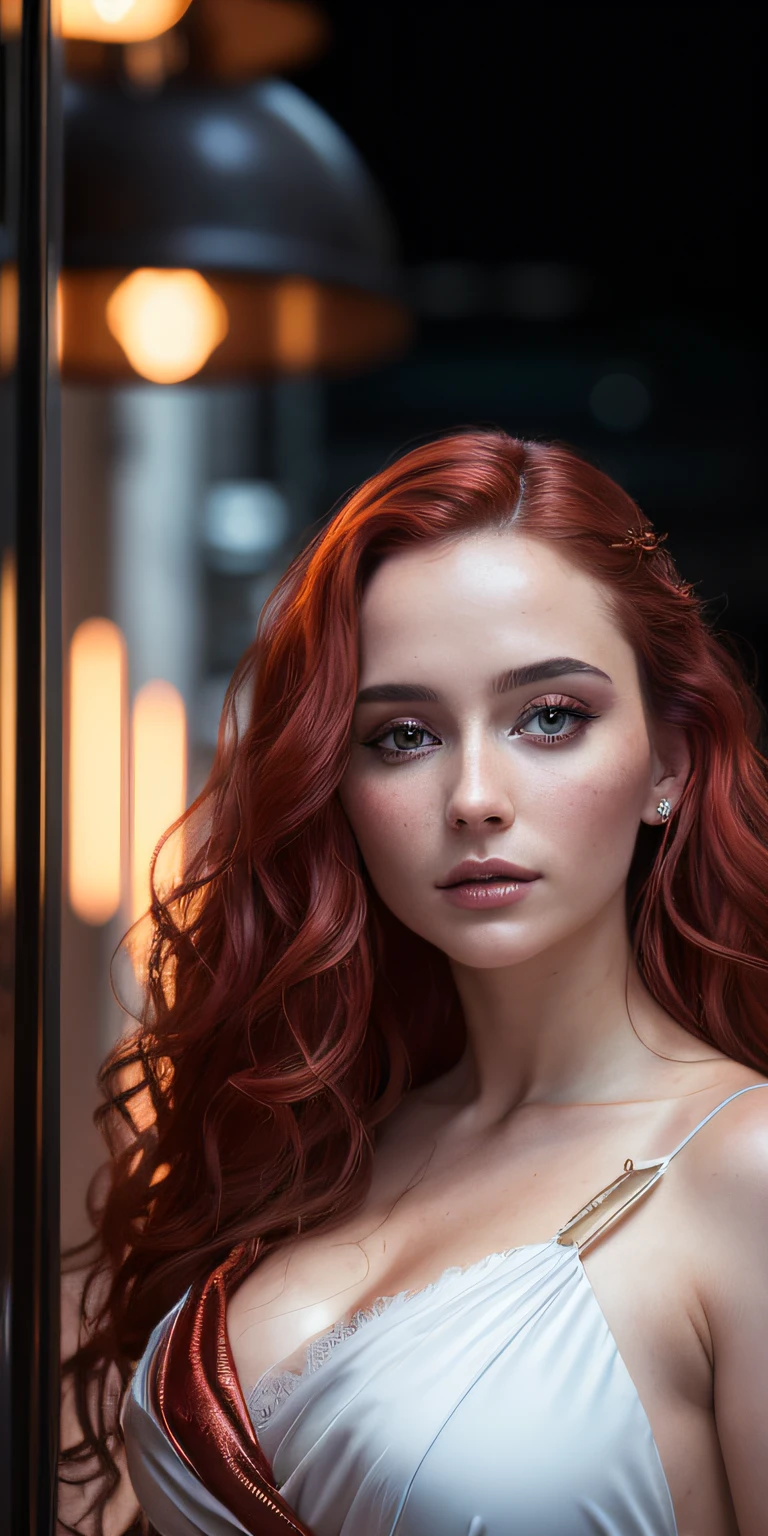 Photo of a 2 European girl, ...RAW, beautiful woman, (extra long wavy red hair), ((portrait)), ((Detailed face: 1.2)), ((visage détaillé peau finement détaillée), pale skinned, Cyberpunk gown with a deep décolleté and beautiful details, Environment of megacities, (couleurs froides), humide, humide, reflection, chef-d&#39;work) (proportion parfaite)(photo realist)(Best quality) (Detailed) photographed on a Canon EOS R5, Objectif 50mm, f/2.8, Hdr, (8k) (wallpaper) (lighting cinematic) (dramatic lighting) (mise au point nette) (complexe)