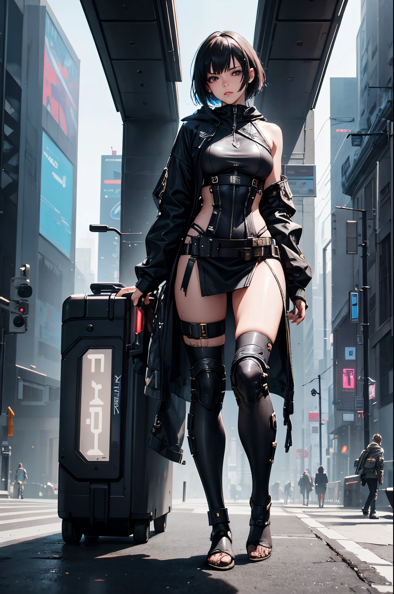 "Full body representation (from feet to head), frontal, 1girl, beautiful cyberpunk princess dressed in armor and short hair. The image must be hyper-realistic, with an extremely detailed face. Texture resolution must be 16k."