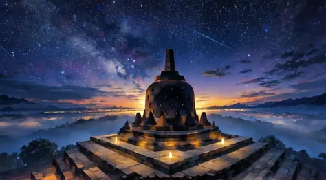 masterpiece, best quality. borobudur temple. indonesian. vast sky. starry night. moonlight.