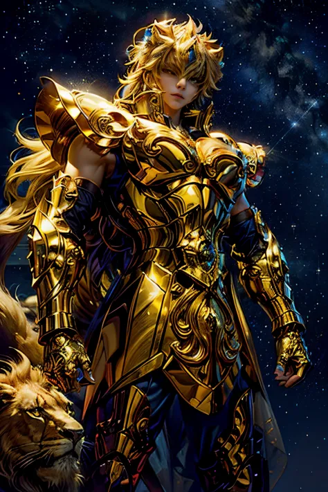 （tmasterpiece，hoang lap，high qulity，best qualtiy，Hyper-detailing，big breasts beautiful）,Magical golden Leo: Anthropomorphic representation of the magical golden Leo.
Yellow-haired people: A man with bright yellow hair, Exudes a captivating aura.
Lion compa...