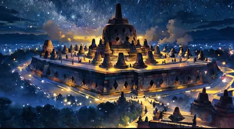 masterpiece, best quality. borobudur temple. indonesian. vast sky. starry night. moonlight.