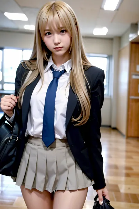 a blond、High school students、Excellent style、On the way off school、The long-haired、in school uniform、a miniskirt