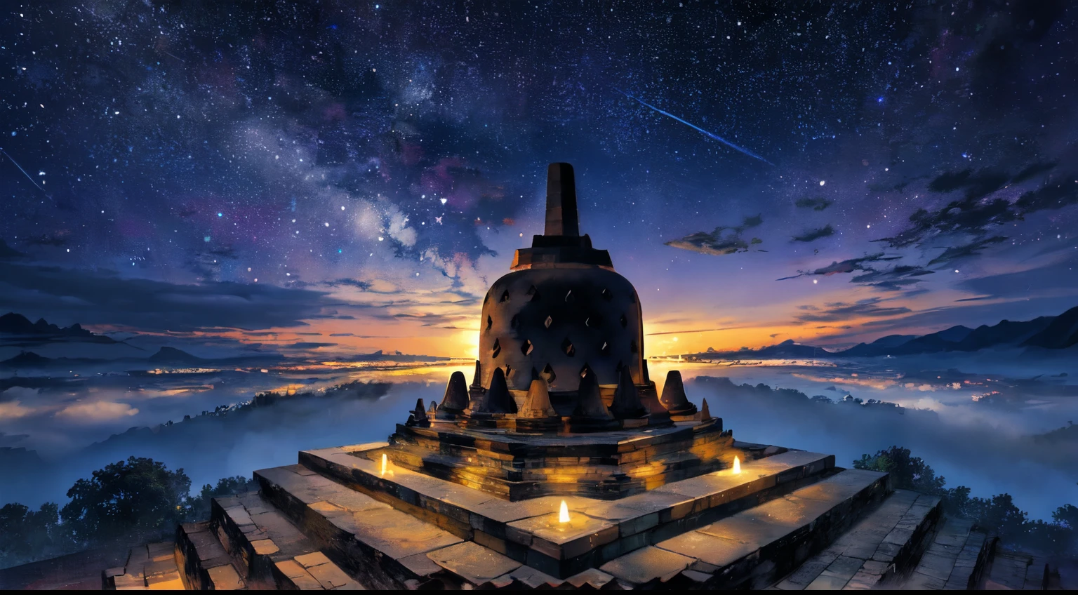 Meisterwerk, beste Qualität. Borobudur-Tempel. Indonesisch. weiter Himmel. sternenklare Nacht. Mondlicht.