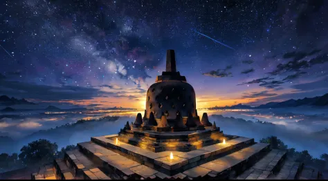 masterpiece, best quality. borobudur temple. indonesian. vast sky. starry night. moonlight.