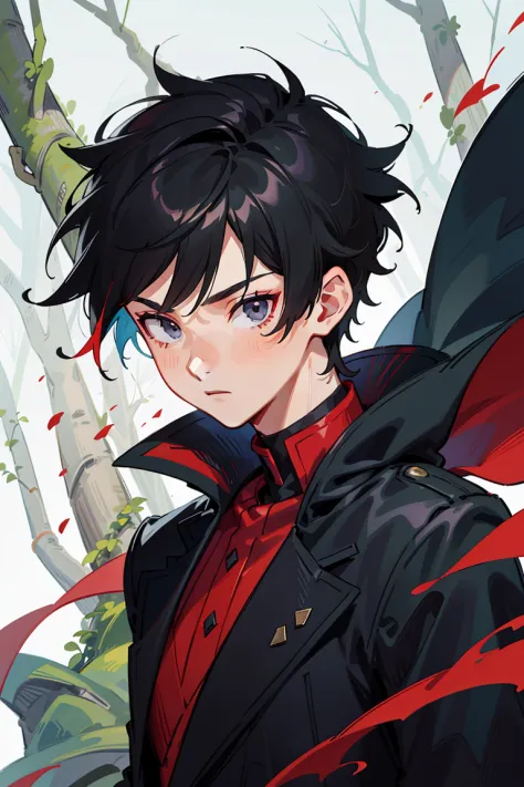 A young man with spiky short black hair wearing a black cape with red trim, stands confidently in front of a vividly colored for...