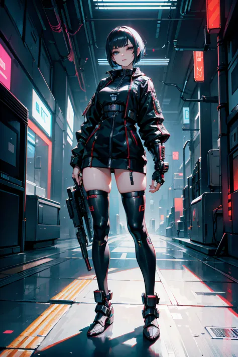 "Full body representation (from feet to head), frontal, 1girl, beautiful cyberpunk princess dressed in armor and short hair. The...
