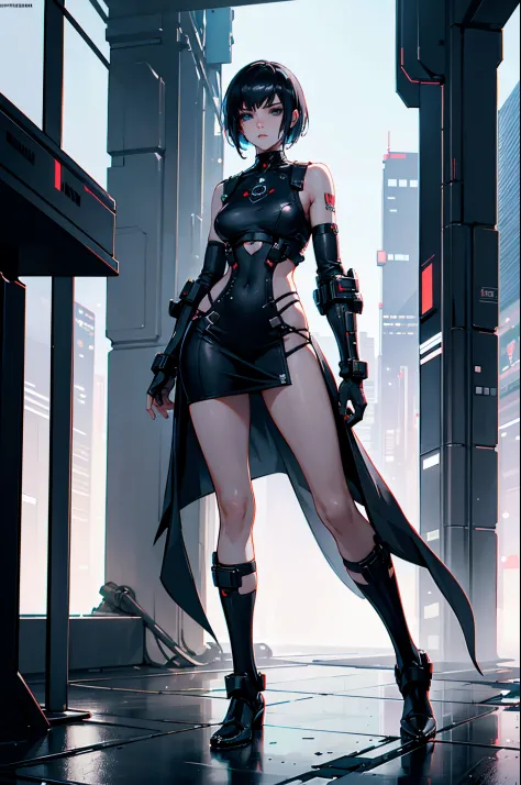"Full body representation (from feet to head), from the front, 1 girl, beautiful cyberpunk princess, dressed in armor, with shor...