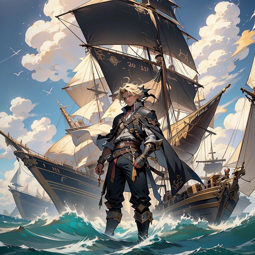 In order to generate a high-quality Stable Diffusion prompt, you need to imagine a complete picture based on the given theme and translate it into a detailed prompt. Here is an example prompt for the given theme "anime style, airship pirate, male, handsome face, blonde hair, blue eyes, wearing armor, leather boots, long black cape, standing on a beach with treasure, masterpiece, ultra detailed, hd": "anime style, airship pirate, male, with a handsome face, captivating blue eyes, and flowing blonde hair. He is dressed in intricately designed armor, adorned with leather boots and a long black cape. The pirate stands tall on a beach, surrounded by sparkling sands and crashing waves. In the distance, a pirate airship hovers in the sky, exuding a sense of adventure and mystery. The pirate holds a treasure chest, brimming with jewels and golden artifacts. The entire scene is rich in artistic detail, with every element meticulously crafted. The vibrant colors, sharp focus, and realistic textures come together to create a masterpiece. The high-resolution image captures even the finest nuances, making it suitable for HD viewing. This prompt is a perfect example of an anime-style airship pirate, portrayed in a visually stunning, ultra-detailed, and high-resolution artwork." Remember to follow the format requirements for the prompt and include key details related to the theme. You can also add additional touches as long as they harmonize with the overall scene.