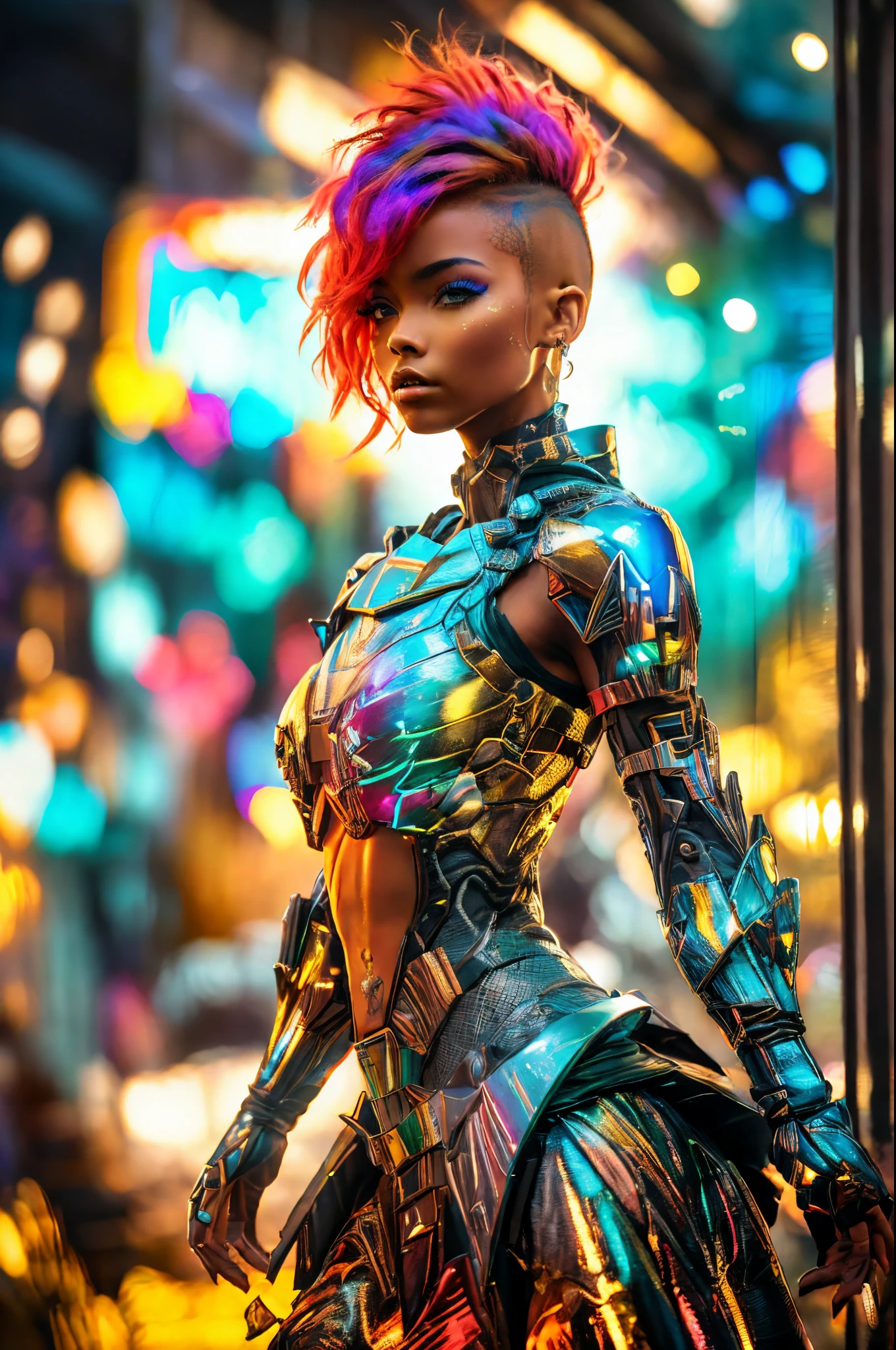 Afroamerikanisches Model mit kurzen Haaren als Kapitän eines Raumschiffs, Blick in den Weltraum durch ein Glasfenster, (Inspiriert von Mass Effect), eine Rüstung, Arme nach oben, Achseln, (8k, RAW-Foto, fotorealistisch: 1, 25), (viel Lipgloss, sehr viele Wimpern, Bessere Qualität, ultrahohe Auflösung, Feldtiefe, chromatische Abweichung, breites Licht, Cor Natur, entfernte Bilder (1:2)