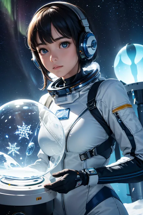 (best quality,4k,8k,highres,masterpiece:1.2),ultra-detailed,(realistic,photorealistic,photo-realistic:1.37),girl inside a space station,holding a snow globe,christmas tree inside,shining star,glittering snowflakes,reflection of lights,soft glow of the snow...
