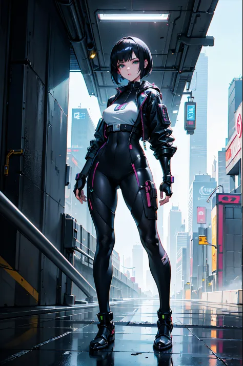"(from feet to head), Full body, from the front, 1 girl, beautiful cyberpunk princess, with short hair, wearing armor. The image...