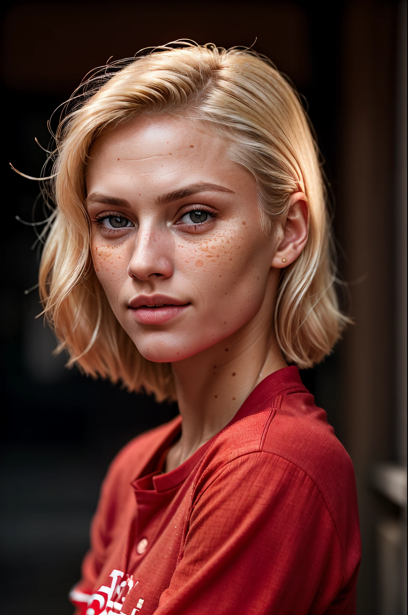 RAW photo, portrait of a beautiful blonde woman wearing a red shirt (high detailed skin:1.2), 8k uhd, dslr, soft lighting, high quality, film grain, Fujifilm XT3