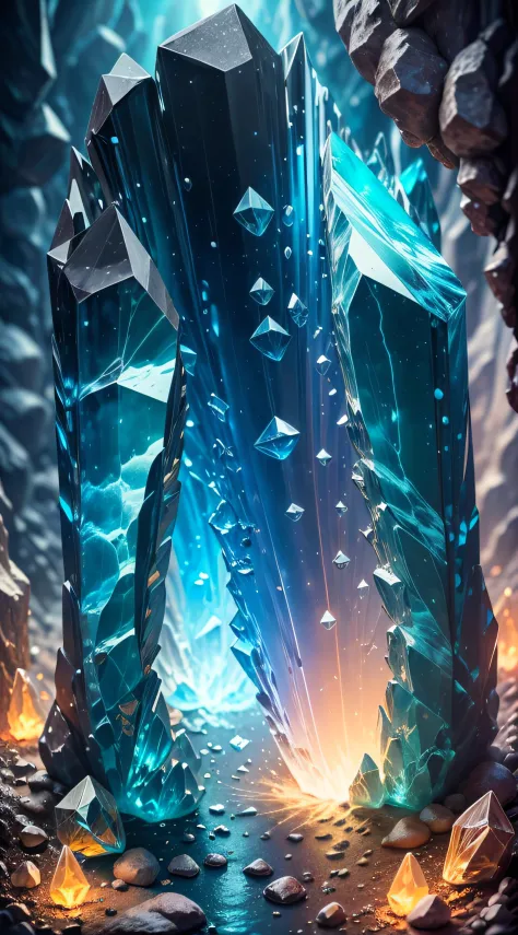 Dans une grotte sous-marine: d&#39;huge crystals. The grotte is eclaired by the blue reflections, Believe in a mystical atmosphere. La grotte est vaste et vaste, with the passages caches and the pieces to discover. The deep shadows create an impression of ...