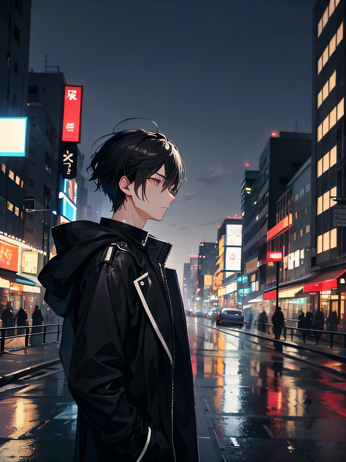 1 Guy, From Side View, with short black hair, asian, black and white, blurred city background, with a blank look, jacket, Nocturnal landscape, Phone in hand, depressed, undercut hair, Winter clothing