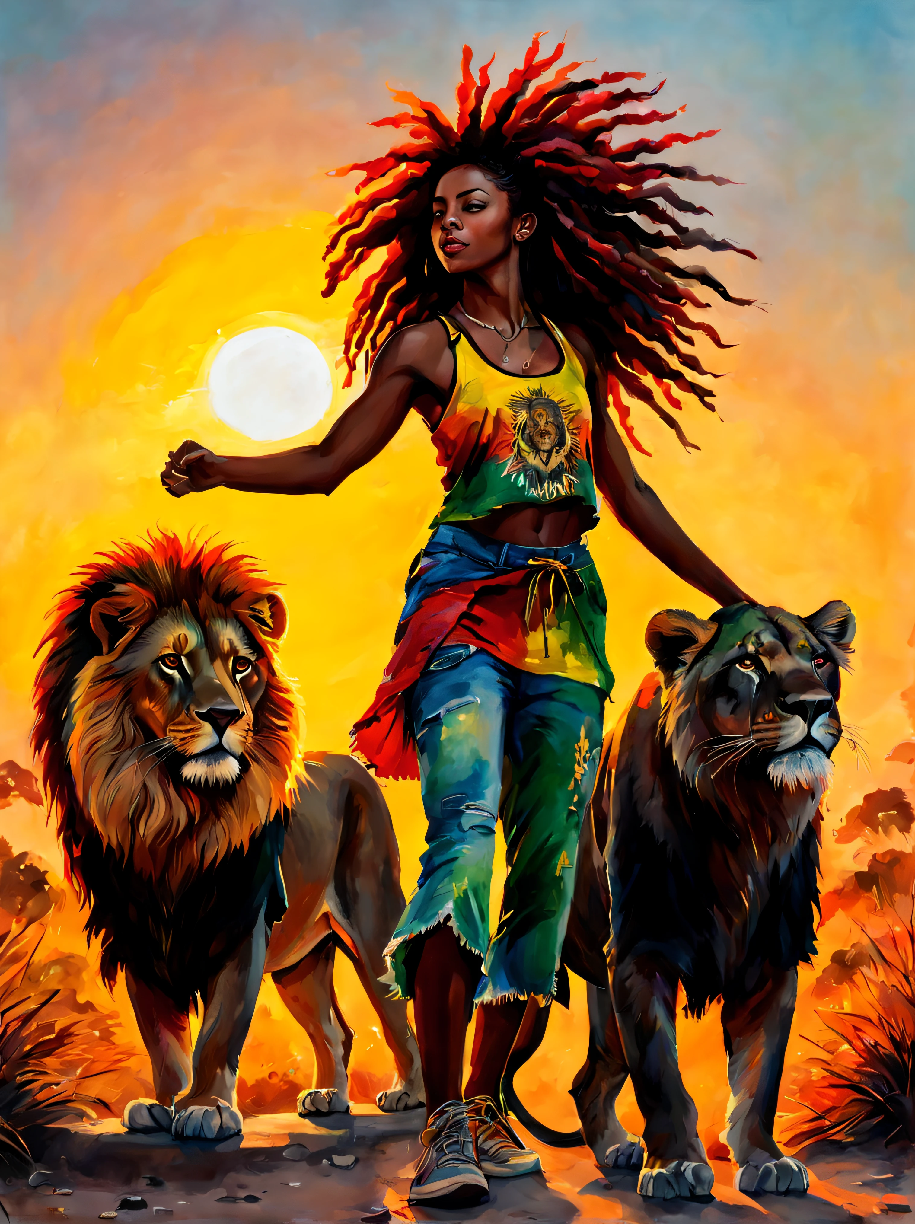 Menina negra rastafari com um leão apreciando o nascer do sol, roupa colorida de verão se destaca, Cena enérgica e animada.
Estilo de Gabriele Dell&#39;Otto, Meio da jornada de IA, núcleos saturados, Aquarela, pinturas à óleo,   HDR, 500 pixels, 4K,