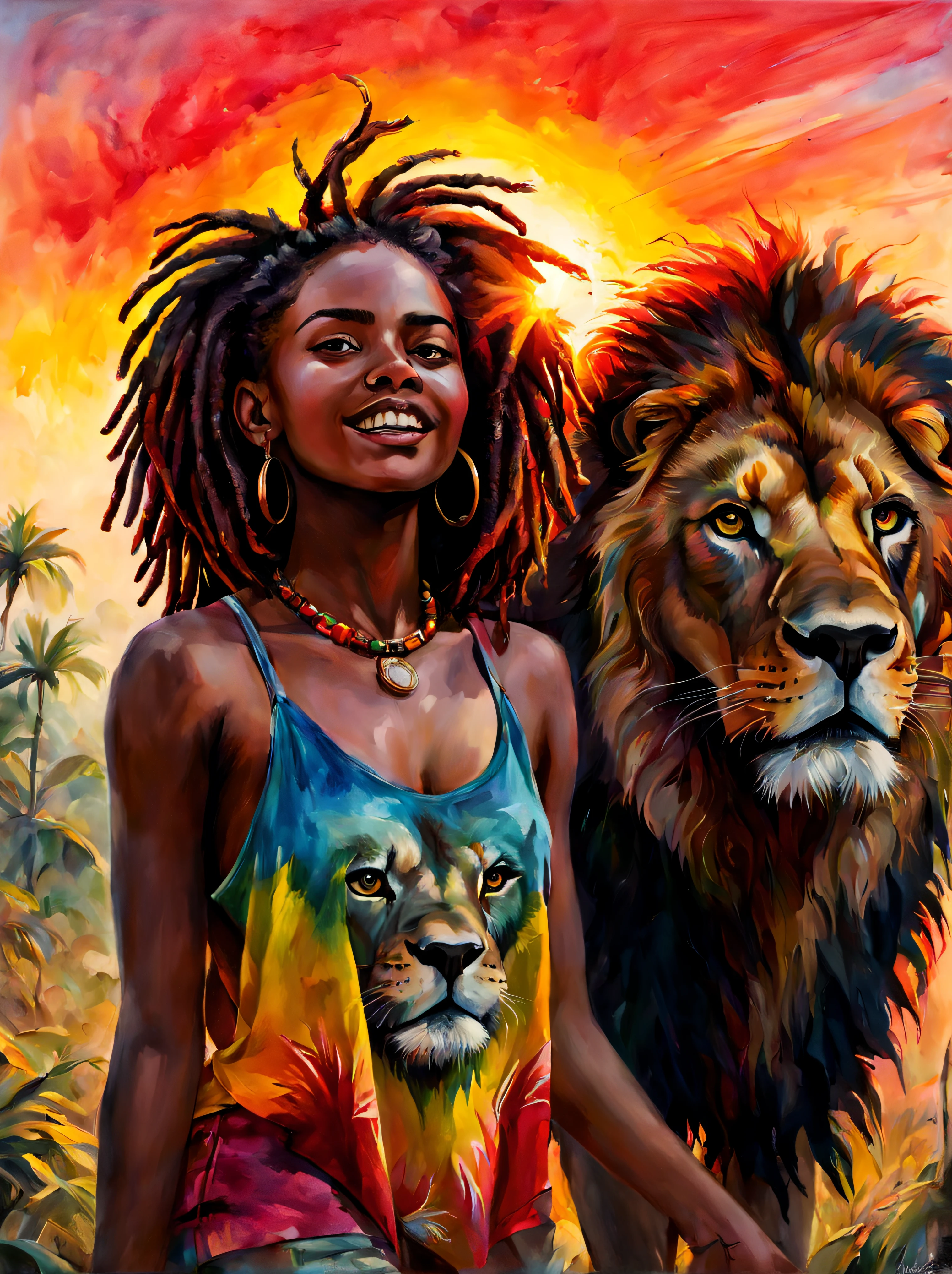 Menina negra rastafari com um leão apreciando o nascer do sol, roupa colorida de verão se destaca, Cena enérgica e animada.
Estilo de Gabriele Dell&#39;Otto, Meio da jornada de IA, núcleos saturados, Aquarela, pinturas à óleo,   HDR, 500 pixels, 4K,