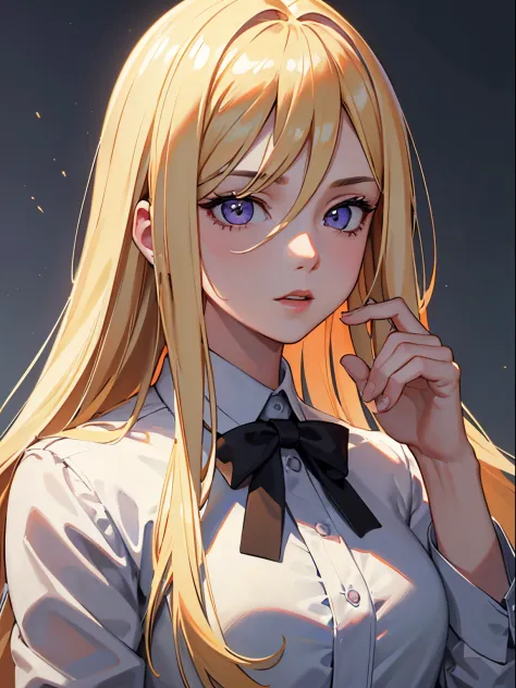 masterpiece, best quality, 1girl, blonde hair, white formal shirt, holding a pistol, detailed eyes, detailed facial features, re...