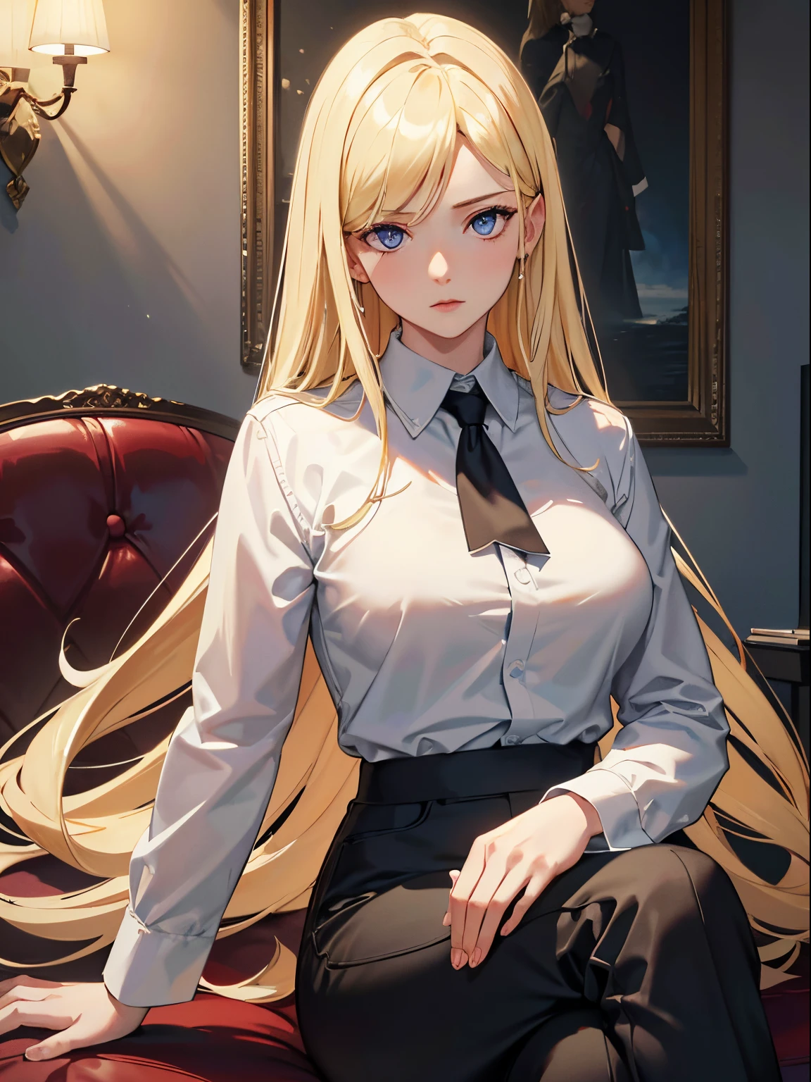 masterpiece, best quality, 1girl, blonde hair, blue eyes, white formal shirt, sitting, crossed legs, black pants, dark room, dim light, detailed eyes, detailed facial features, realistic and high resolution (best quality, 4k, 8k, highres, masterpiece:1.2)