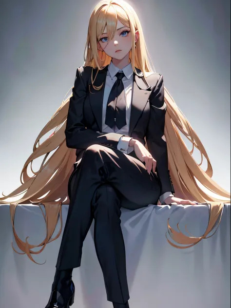 masterpiece, best quality, 1girl, blonde hair, blue eyes, white formal shirt, sitting, crossed legs, black pants, dark room, dim...