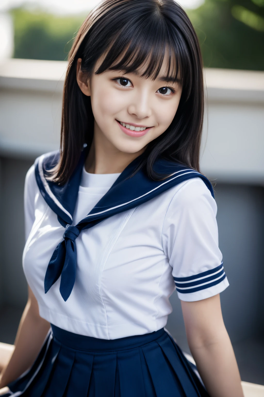 Close up of woman posing for photo,  japanese model model, 1 female model,  4K、bangss、A dark-haired、bobhair、Middle hair、Straight hair、(white  shirt, Sailor School Uniform, Dark blue pleated skirt:1.2),　(Super cute face in idol style:1.2)、slim and beautiful figure、beutiful breast、A smile、full body Esbian:1.5、The background is a pool、Beautiful legs、sexy  pose、Erotic Poses、(Open your crotch and show your white panties:1.2)、Masturbating、(she is very excited about sexual desire、Wanting a man:1.２)、