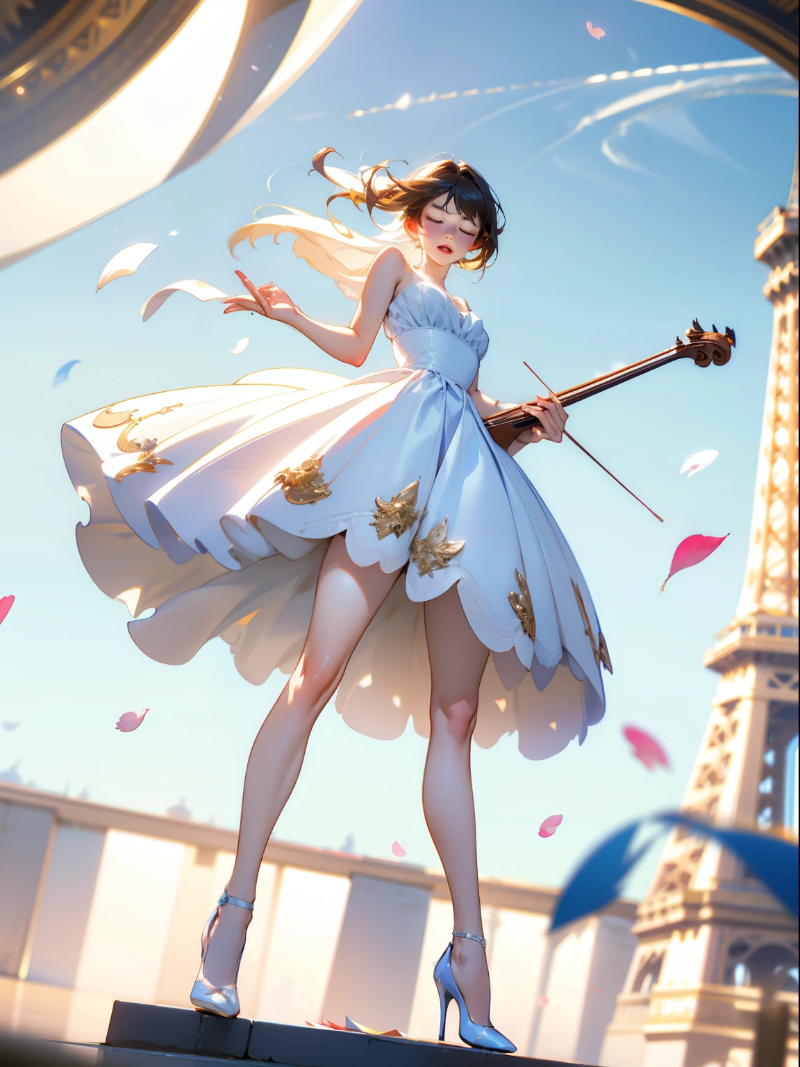 (A girl in a dress is in the air:1.3), playing a violin, Eiffel Tower background(wide shot, wide-angle lens,Panoramic:1.2),super vista, super wide AngleLow Angle shooting, super wide lens, blurry, blurry_background, blurry_foreground, depth_of_field, motion_blur, violinbare shoulderspetalsWhite and blue dressfrom belowblurry foreground (Milky skin:1.4),(Closed eyes:1.3), (full body:1.5),(long legs:1.3),