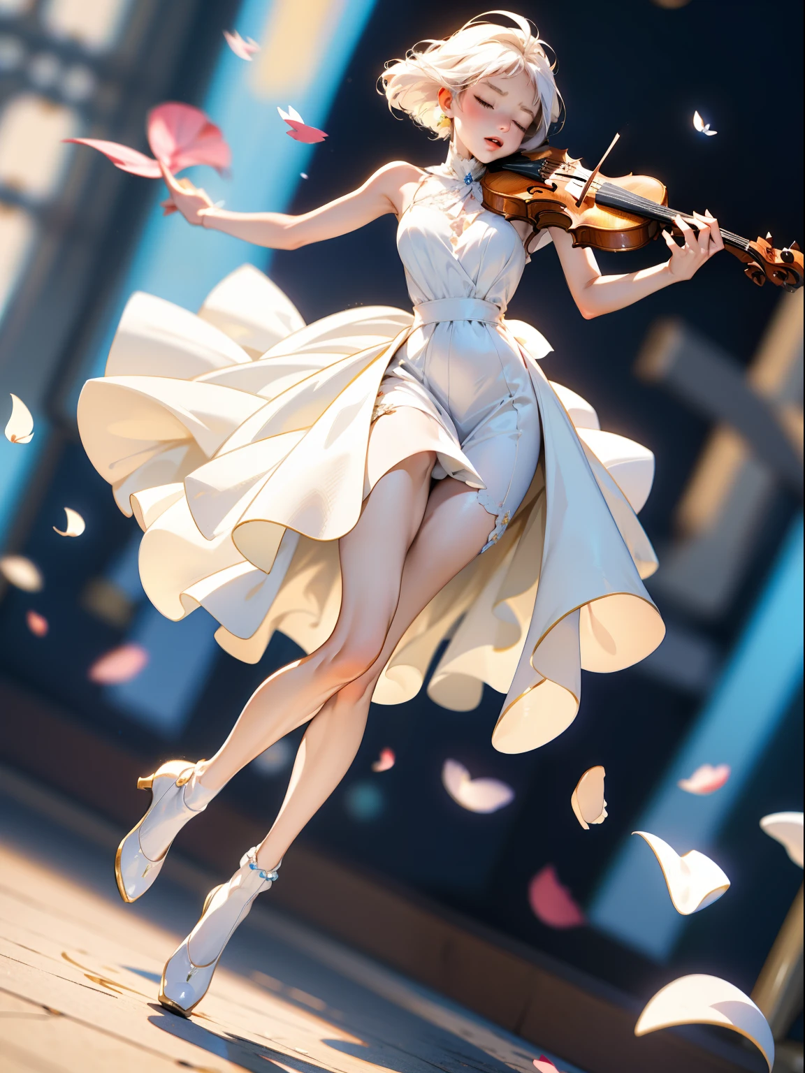 (A girl in a dress is in the air:1.3), playing a violin, Eiffel Tower background(wide shot, wide-angle lens,Panoramic:1.2),super vista, super wide AngleLow Angle shooting, super wide lens, blurry, blurry_background, blurry_foreground, depth_of_field, motion_blur, violinbare shoulderspetalsWhite and blue dressfrom belowblurry foreground (Milky skin:1.4),(Closed eyes:1.3), (full body:1.5),(long legs:1.3),