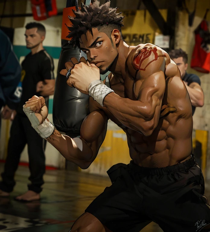 hombre afro en un ring de boxeo con un saco de boxeo, Postura de boxeo, en un ring de boxeo,,sudando, Foto al estilo de Tyler Mitchell, en una postura de lucha, Foto de perfil, en una pose de lucha, in an action pose, Al estilo de Tyler Mitchell, por Clifford Ellis, boxeo, taken in the early 2020s, personas de fondo, personas entrenando