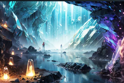 Environment, a dark cavern made of crystals, bioluminescence, light glinting off crystals, water drops, river, misty, humidity